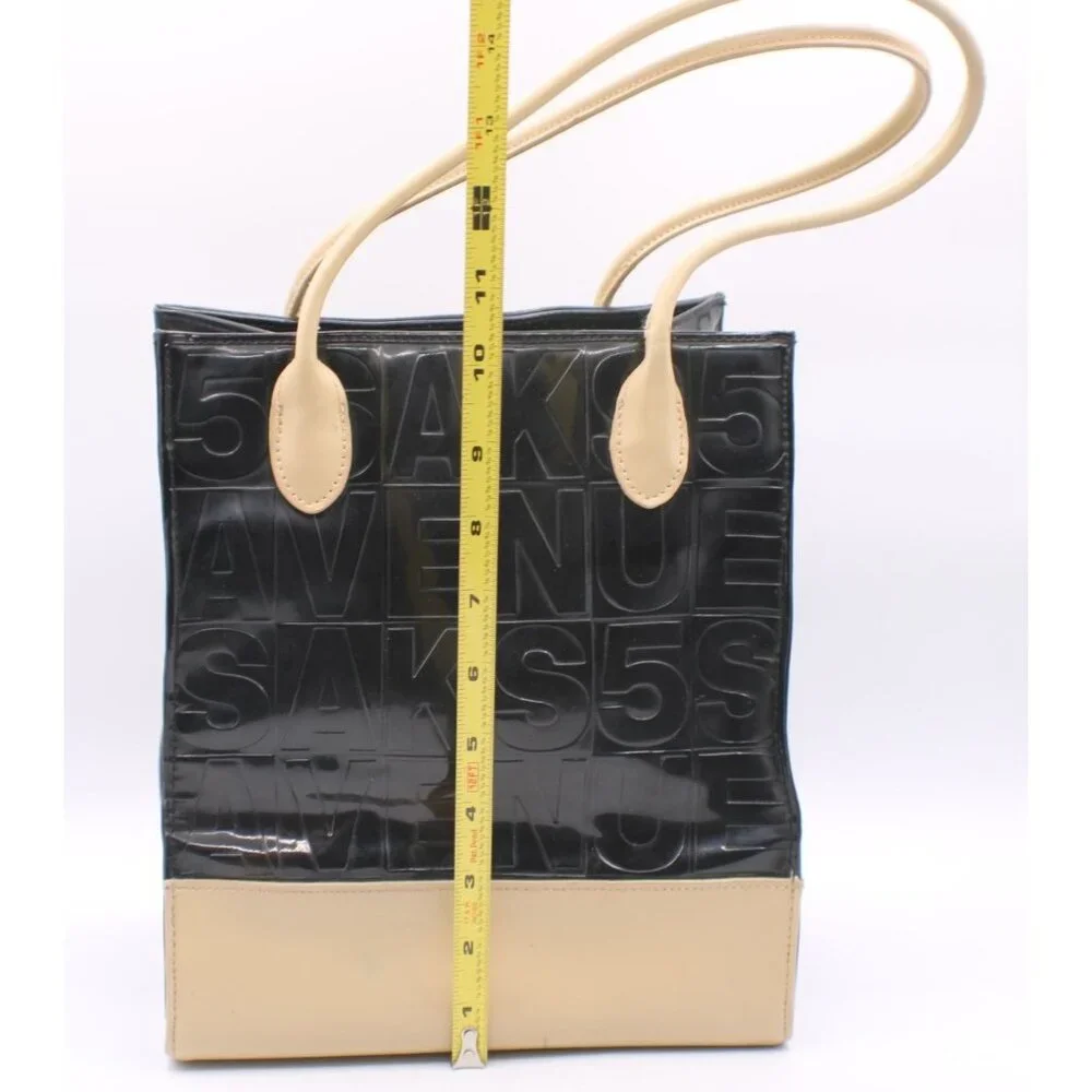 Saks Fifth Ave Black Tan Embossed Logo Reusable Tote Bag Laminated PP 10x9